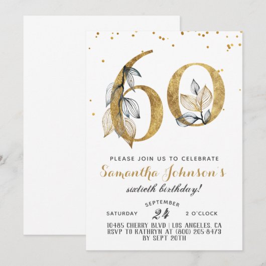 60e verjaardag gouden bloemen uitnodiging (Voorkant / Achterkant)