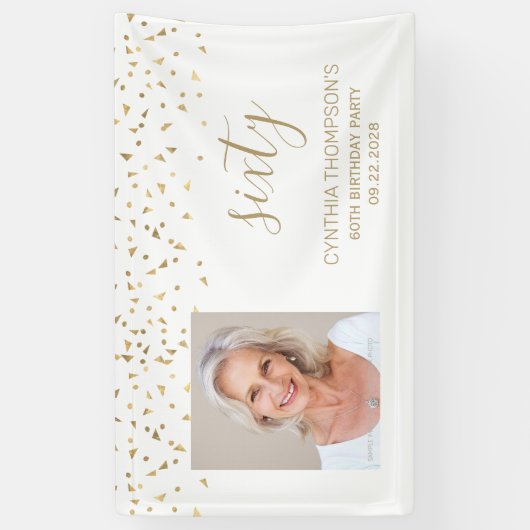 60e verjaardag Gouden Confetti Driehoeken Foto wit Spandoek (Verticaal)