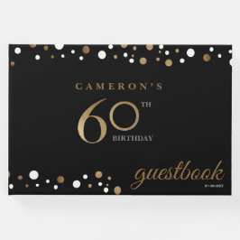 60e verjaardag gouden confetti en zwart gepersonal gastenboek
