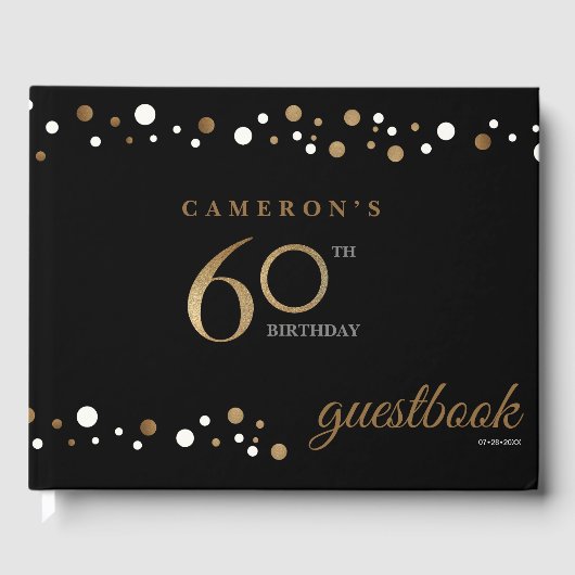 60e verjaardag gouden confetti en zwart gepersonal gastenboek (Voorkant)