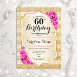 60e verjaardag - Gouden Stripes Rozen Uitnodiging<br><div class="desc">Uitnodiging 60e verjaardag. Elegant design in goud en roze. Met faux glitter Gold strepen,  roze rozen,  stijlvol script font and confetti. Ideaal voor een glam verjaardagsfeestje.</div>