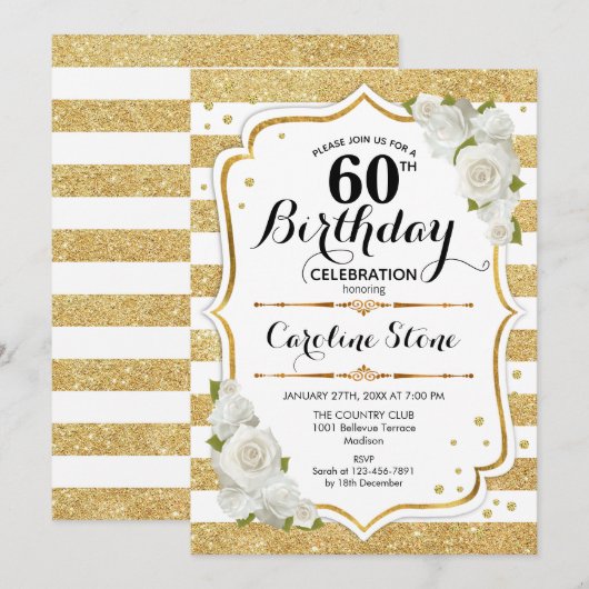 60e verjaardag - Gouden witte strepen Rozen Kaart (Voorkant / Achterkant)