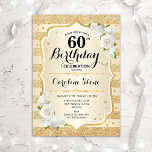60e verjaardag - Goudstrepen witte rozen Kaart<br><div class="desc">Uitnodiging 60e verjaardag. Elegant bloemontwerp in goud en wit. Met faux glitter gouden strepen,  witte rozen,  stijlvol script font en confetti. Ideaal voor een glam verjaardagsfeestje.</div>