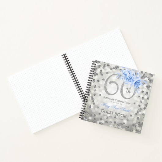 60e verjaardag Guestbook Silver Blue Glam Lights Notitieboek (Binnen)