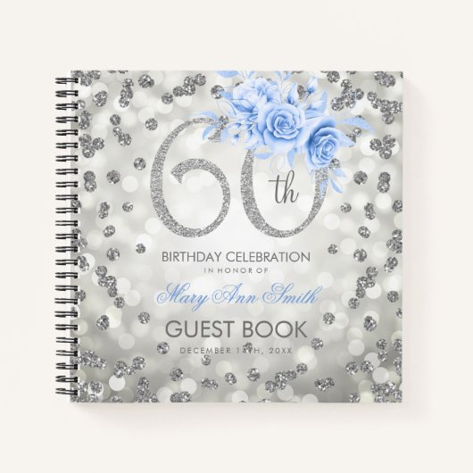 60e verjaardag Guestbook Silver Blue Glam Lights Notitieboek (Voorkant)