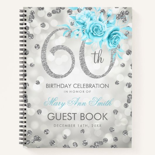 60e verjaardag Guestbook Silver Glam Lichten Blauw Notitieboek (Voorkant)