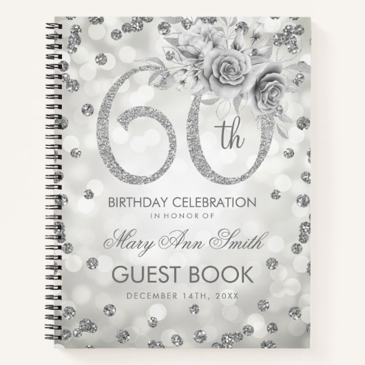 60e verjaardag Guestbook Silver Glam Lights Notitieboek (Voorkant)