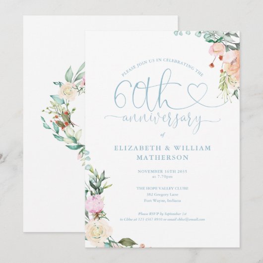60e verjaardag Hart Script Bloem Monogram Kaart (Voorkant / Achterkant)