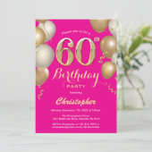 60e verjaardag Hot Pink en Gold Balloons Confetti Kaart (Staand voorkant)