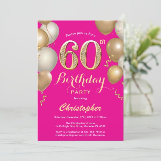 60e verjaardag Hot Pink en Gold Balloons Confetti Kaart (Staand voorkant)
