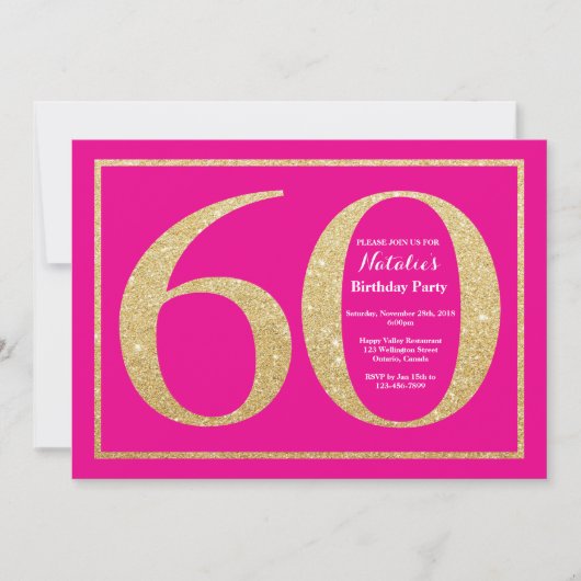 60e verjaardag Hot Pink en Gold Glitter Kaart (Voorkant)