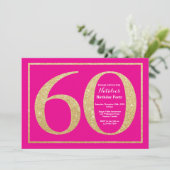 60e verjaardag Hot Pink en Gold Glitter Kaart (Staand voorkant)