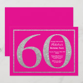 60e verjaardag Hot Pink en Silver Glitter Kaart (Voorkant / Achterkant)