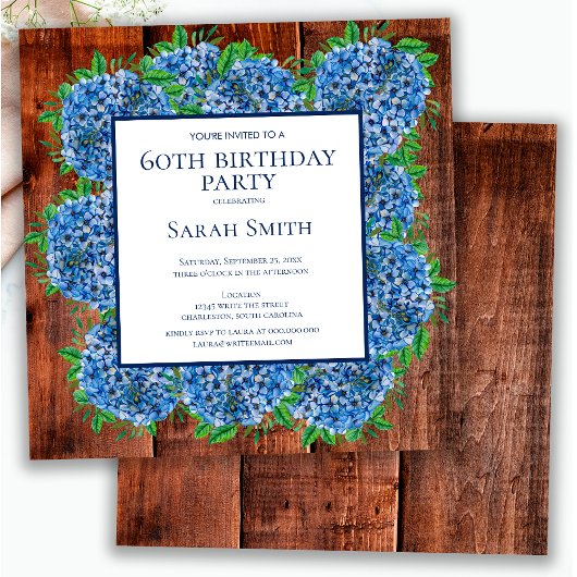 60e Verjaardag Houten Blauwe Hortensia's Rustieke Kaart