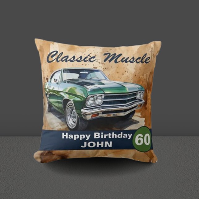 60e verjaardag, klassieke spier auto kussen (Celebrate in style with our classic green muscle car illustration! )