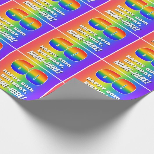 60e verjaardag: kleurrijk, vun regenboogpatroon #  cadeaupapier (Hoek)