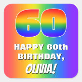 60e verjaardag: kleurrijk, vun regenboogpatroon # vierkante sticker (Voorkant)