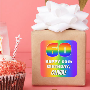 60e verjaardag: Kleurrijk, vun regenboogpatroon # Vierkante Sticker