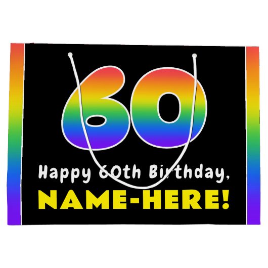 60e verjaardag: kleurrijke regenboog # 60, aangepa groot cadeauzakje (Achterkant)