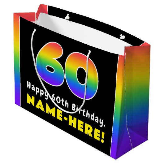 60e verjaardag: kleurrijke regenboog # 60, aangepa groot cadeauzakje (Achterkant Gekanteld)