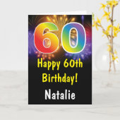 60e verjaardag kleurrijke regenboogvuurwerkkaart kaart (Gele Bloem)