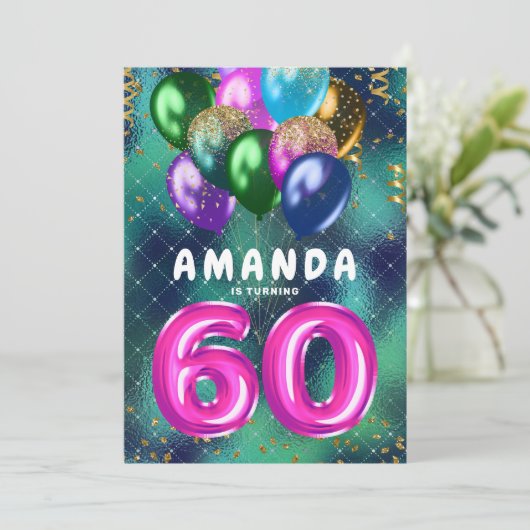 60e verjaardag kleurrijke roze ballonnen 60e verja kaart (Staand voorkant)