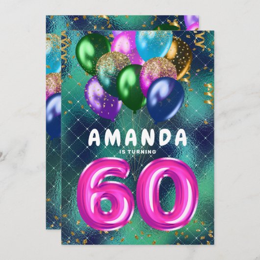60e verjaardag kleurrijke roze ballonnen 60e verja kaart (Voorkant / Achterkant)