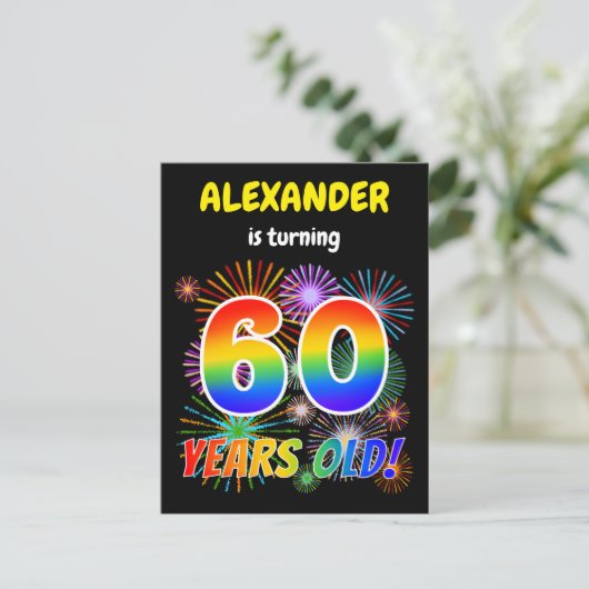 60e verjaardag - Leuk vuurwerk, Rainbow Look "60" Briefkaart (Staand voorkant)