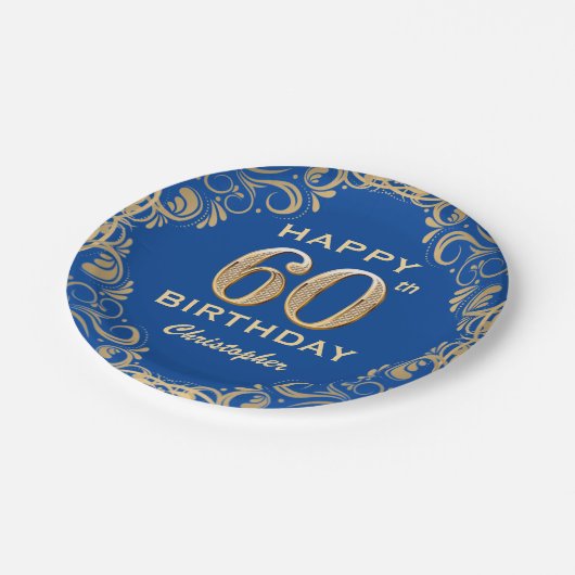 60e verjaardag Lijst Blauw en Glitter Glitter Papieren Bordje (Gekanteld)