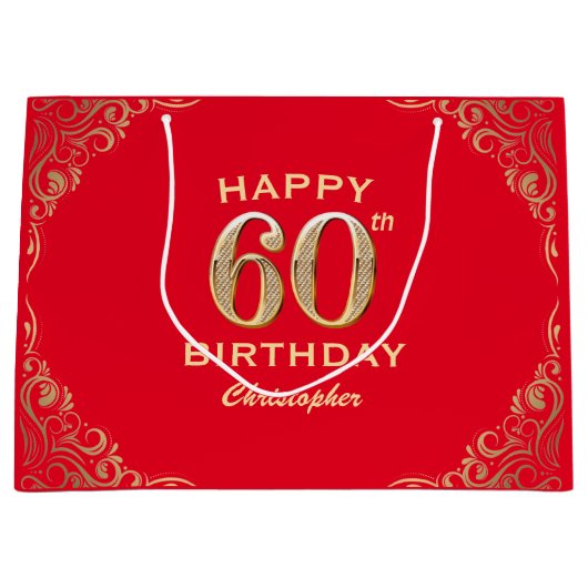 60e verjaardag Lijst van Red en Gold Glitter Groot Cadeauzakje (Voorkant)