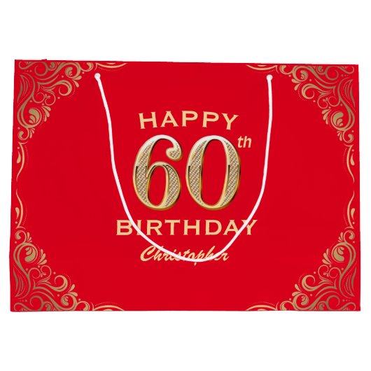 60e verjaardag Lijst van Red en Gold Glitter Groot Cadeauzakje (Achterkant)