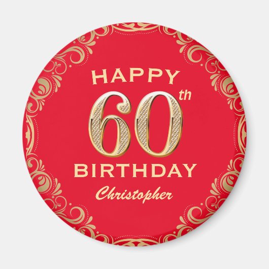 60e verjaardag Lijst van Red en Gold Glitter Magneet (Voorkant)