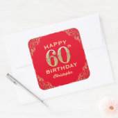 60e verjaardag Lijst van Red en Gold Glitter Vierkante Sticker (Envelop)