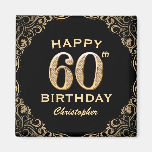 60e verjaardag Lijst voor zwarte en goudglitter Magneet (Voorkant)