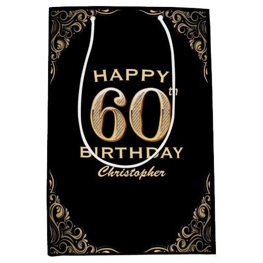 60e verjaardag Lijst voor zwarte en goudglitter Medium Cadeauzakje (Voorkant)