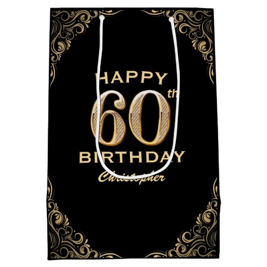 60e verjaardag Lijst voor zwarte en goudglitter Medium Cadeauzakje (Achterkant)