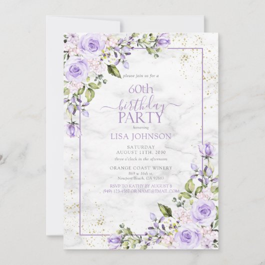 60e Verjaardag Lila Lavendel Waterverf Marmer Kaart (Voorkant)