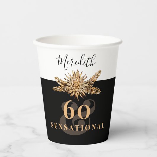60e verjaardag Luxury Golden Flowers Elegant Class Papieren Bekers (Voorkant)