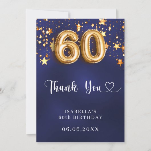 60e verjaardag Marine Blauw Goud Sterren Bedankkaart (Voorkant)