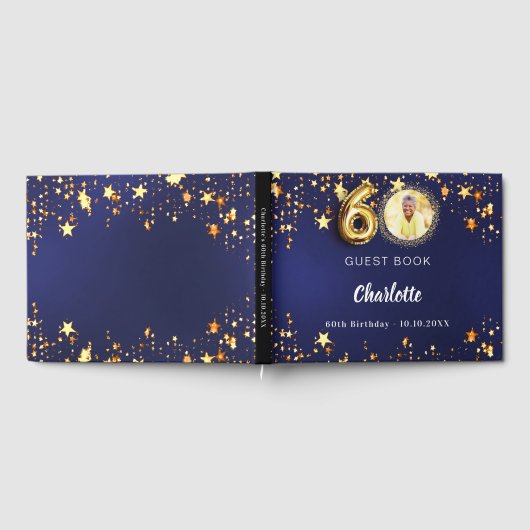 60e Verjaardag marine blauw goud sterren foto Gastenboek (Volledig)