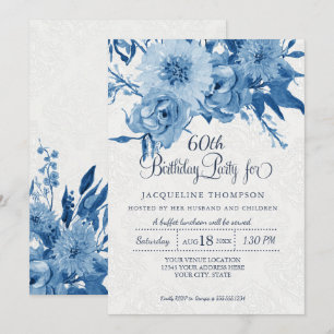 60e Verjaardag Marine Blauw Wit Chintz Damask Flor Kaart