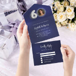 60e Verjaardag marine blauw zilver foto rsvp All In One Uitnodiging<br><div class="desc">Een marineblauwe achtergrond. De blauwe kleur is ongelijk. Personaliseer en voeg een foto,  naam,  partijgegevens,  RSVP-datum,  retouradres en naam toe. Nummer 60 is geschreven met een ballon stijl lettertype in faux zilver.</div>