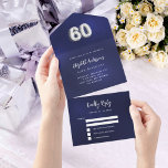 60e verjaardag marine blauw zilver rsvp all in one uitnodiging<br><div class="desc">Een marineblauwe achtergrond. De blauwe kleur is ongelijk. Personaliseer en voeg naam,  partijgegevens,  RSVP-datum,  retouradres en naam toe. Nummer 60 is geschreven met een ballon stijl lettertype in faux zilver.</div>