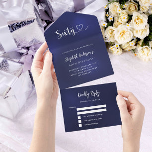 60e verjaardag marine blauw zilver rsvp all in one uitnodiging