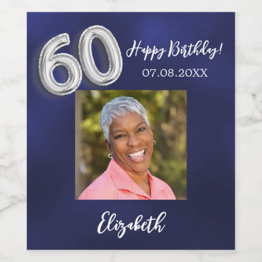 60e verjaardag marine blauwe foto wijn etiket (Enkel label)