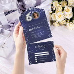 60e Verjaardag marine blauwe foto zilveren sterren All In One Uitnodiging<br><div class="desc">Een marineblauwe achtergrond,  versierd met sterren. De blauwe kleur is ongelijk. Personaliseer en voeg een foto,  naam,  partijgegevens,  RSVP-datum,  retouradres en naam toe.</div>