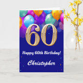 60e verjaardag marineblauw en goudkleurige ballonn kaart (Gele Bloem)