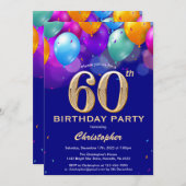 60e verjaardag marineblauw en goudkleurige ballonn kaart (Voorkant / Achterkant)