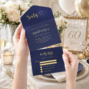 60e verjaardag marineblauw goud rsvp all in one uitnodiging
