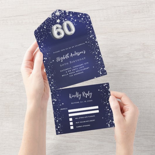60e Verjaardag marineblauw zilveren sterren rsvp All In One Uitnodiging (Afscheurbaar)